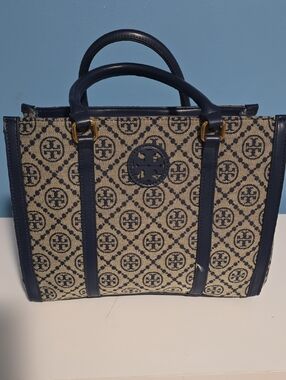 Tory Burch Navy and Beige Logo Canvas Tote with Leather Trim